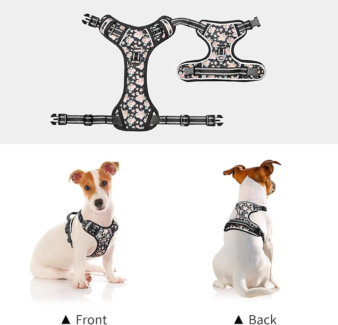 Timos Dog Harness, 3 Snap Buckles No-Pull Soft Padded Dog Vest with 2 Metal Leash Clips,Adjustable Reflective No Choke Pet Harness with Easy Control Handle for Small Dogs,Black Rose,S