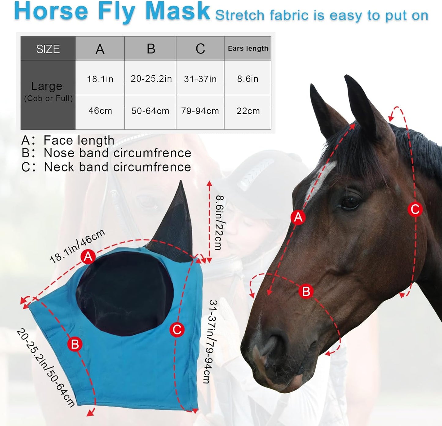 Horse Fly Mask with Ears, Comfortable Fit Stretch Fabric with UV Protection Soft on Skin Breathability for Small/Medium Size Horses (Blue)