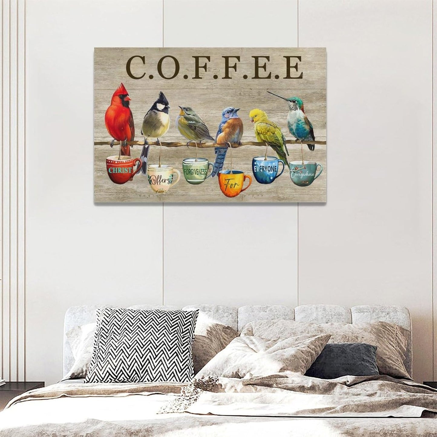 Rustic Bird Coffee Wall Art Kitchen Christ Coffee Pictures Wall Decor Farmhouse Cardinal Hummingbird Canvas Print Painting Artwork for Coffee Bar Living Room Bedroom 16"x24"