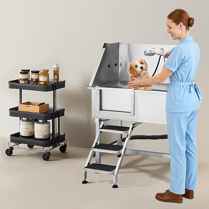 VEVOR Stainless Steel Dog Washing Station, 38 inch Pet Grooming Tub w/Storage Stairs, Faucet & Showerhead & Soap Holder Dog Bathtub for Medium & Small Pets (Left Door)