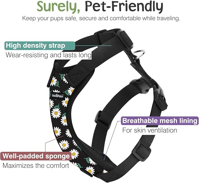 Dog Seat Belt, Safety Vest Dog Car Harness with Adjustable Buckle Dog Seat Belt for Vehicle Nylon Pet Safety Seat Belts Heavy Duty(L, Black Daisy)