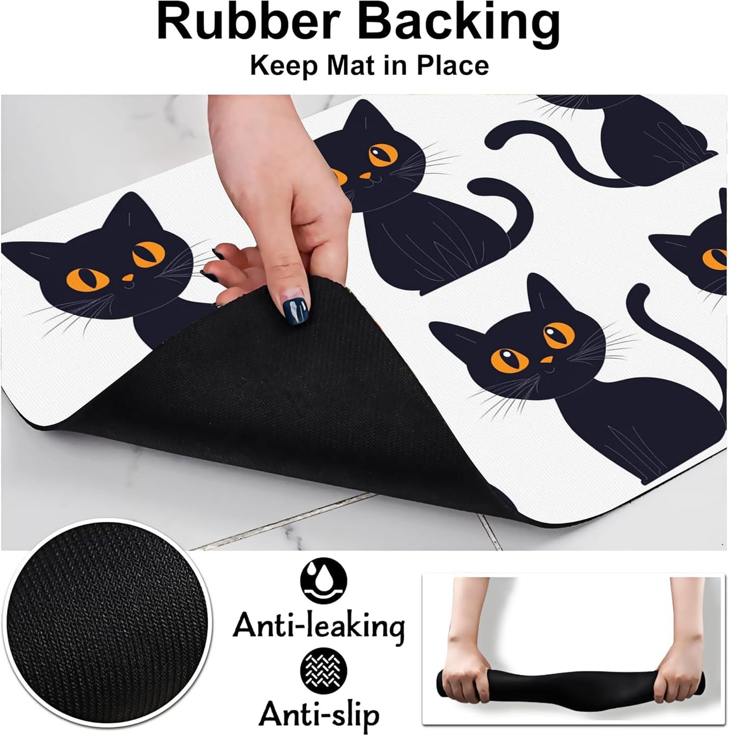 Cute Black Cats Dog Food Mat-Absorbent Pet Feeding Mat for Food and Water Bowl, Quick Dry Dog Placemat with Rubber Backing-No Stains Pet Supplies for Messy Drinkers 16"x24"