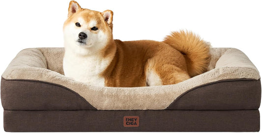 EHEYCIGA Memory Foam Dog Bed for Medium Size, Orthopedic Dog Sofa with Sides and Waterproof Liner, Washable Bolster Pet Couch with Removable Cover, 35x22x6.5 Inch, Brown