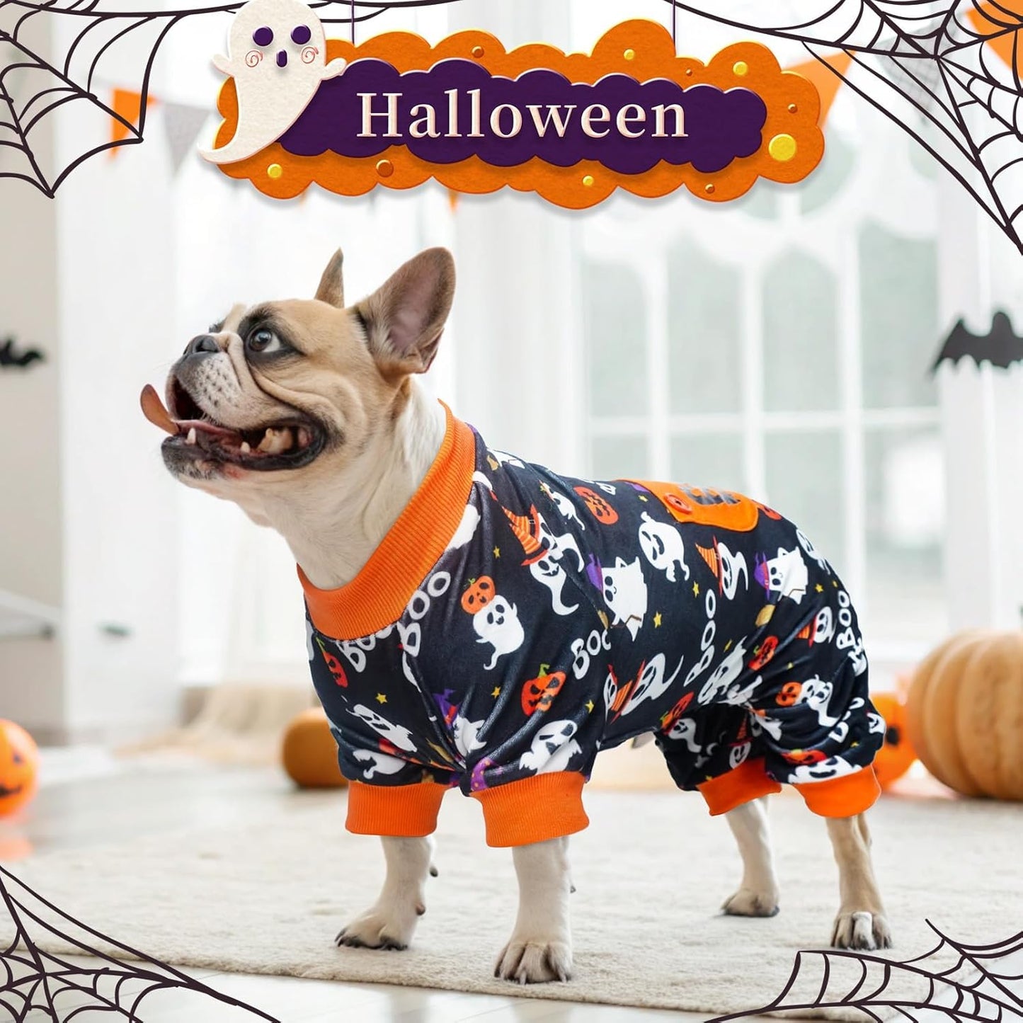 BEAUTYZOO Dog Halloween Pajamas Medium Size Dog, Fleece Funny Ghost Pumpkin Costumes for Dogs, Soft Stretchable Doggy Onesie with Feet, Pet Apparel Clothes for Medium Dogs Boy Girl, Black M