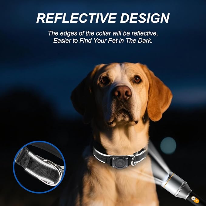 Waterproof Airtag Dog Collar - Nylon Collar with Durable Airtag Holder, Reflective&Anti-Lost with Safety Metal Buckle, Soft Padded Adjustable for Small Medium Large Dogs Black S