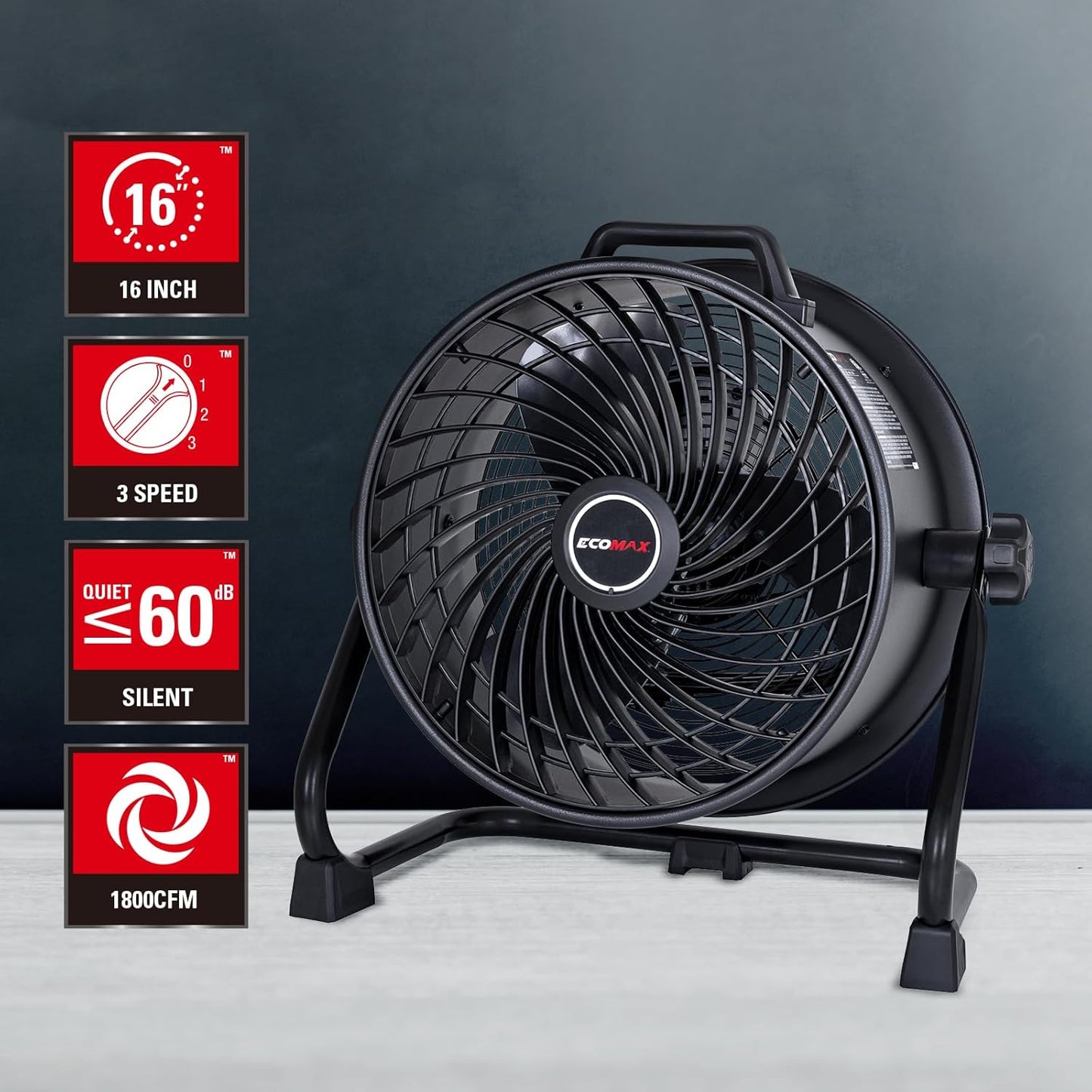 16 Inch High Velocity Industrial Fan Portable Heavy Duty Drum Metal Shop Fan with 3-Speed 360° Tilting, Floor Fans for Warehouse Workshop Garage, ETL Listed, EMF101618D