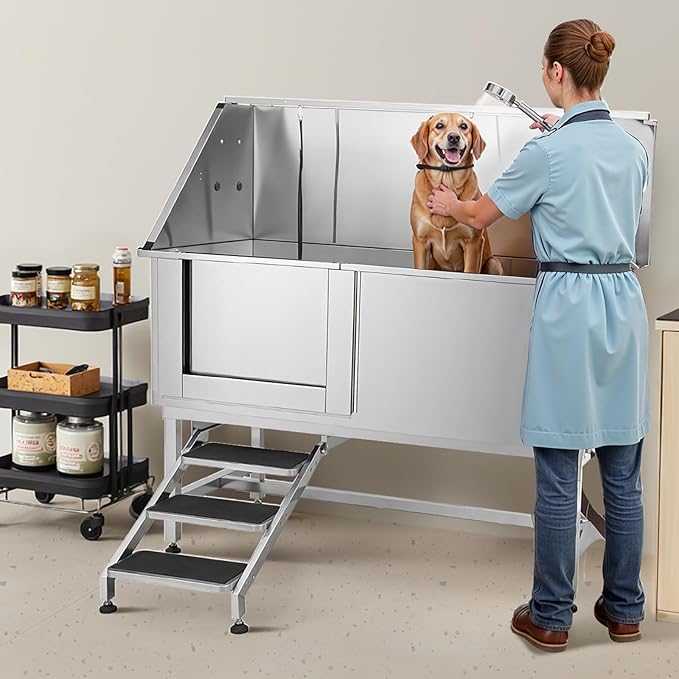 VEVOR Stainless Steel Dog Washing Station, Professional 62 inch Pet Grooming Tub w/Stairs, PE Water Filter Board, Faucet & Showerhead & Soap Holder Bathtub for Large & Medium & Small Pets (Left Door)