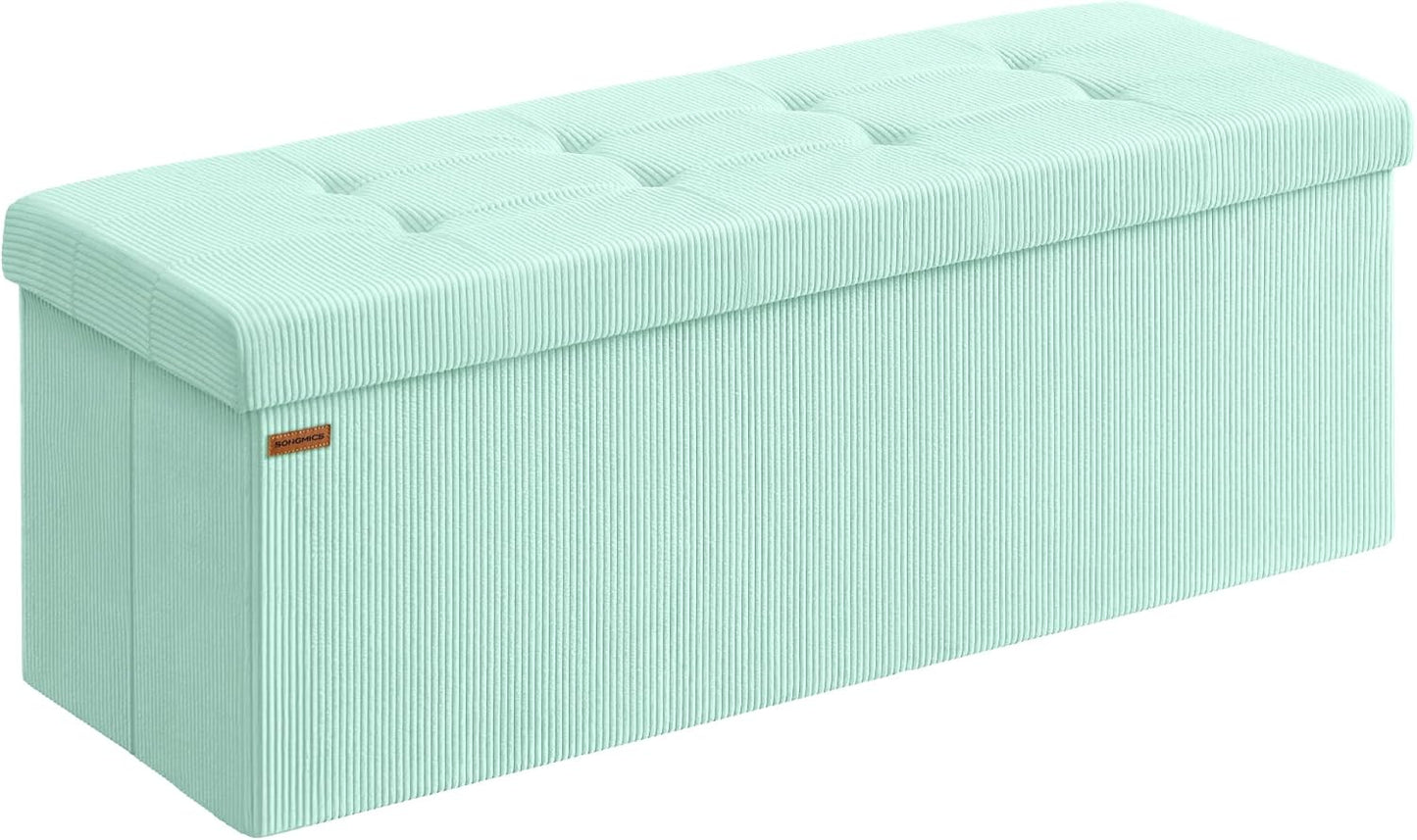 SONGMICS MAZIE Collection - Storage Ottoman Bench, Foldable Foot Rest, 15 x 43 x 15 Inches, End of Bed Bench, Storage Chest, Load 660 lb, Living Room, Bedroom, Entryway, Moonlight Green ULSF604C01