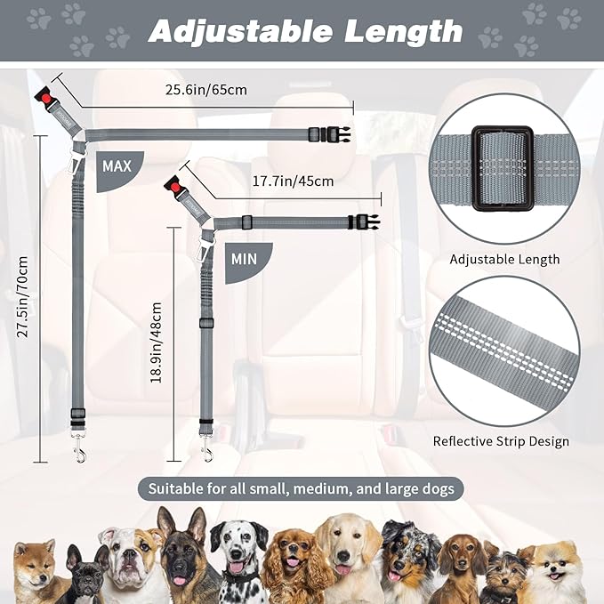 BWOGUE Pet Dog Cat Seat Belt Reflective Car Dog Headrest Restraint Leash Elastic Buffer Bungee Adjustable Tangle-Free Safety Leads Vehicle Seatbelt Harness for Small, Medium and Large Dogs (1 Pack)