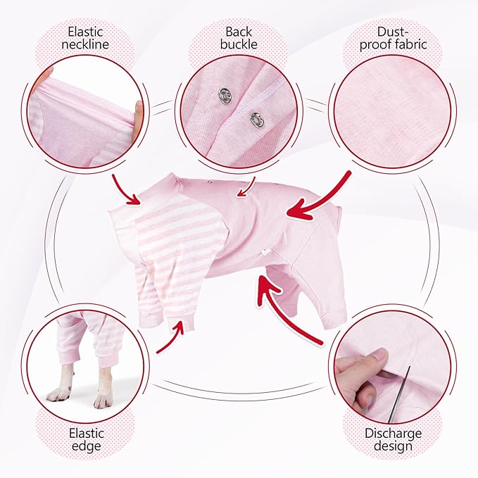 Dog Recovery Suit, Abdominal Wound After Surgery Wear, Anti Licking Bodysuit with Snaps, E-Collar & Cone Alternatives, Striped Dog Spay Surgical Pajamas Prevent Shedding(Medium, Pink)
