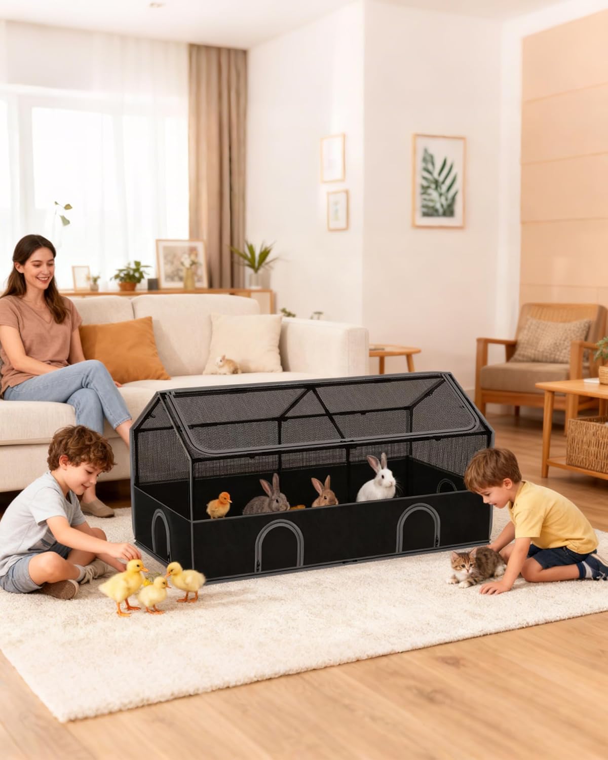DINMO Small Animal Playpen, Chicken Brooder Box with Cover Top, Pet Fence Indoor, Guinea Pig Cages,Pet Playpen with Waterproof Floor for Hamsters, Hedgehogs, Bunny,Kittens, Chicken,Black