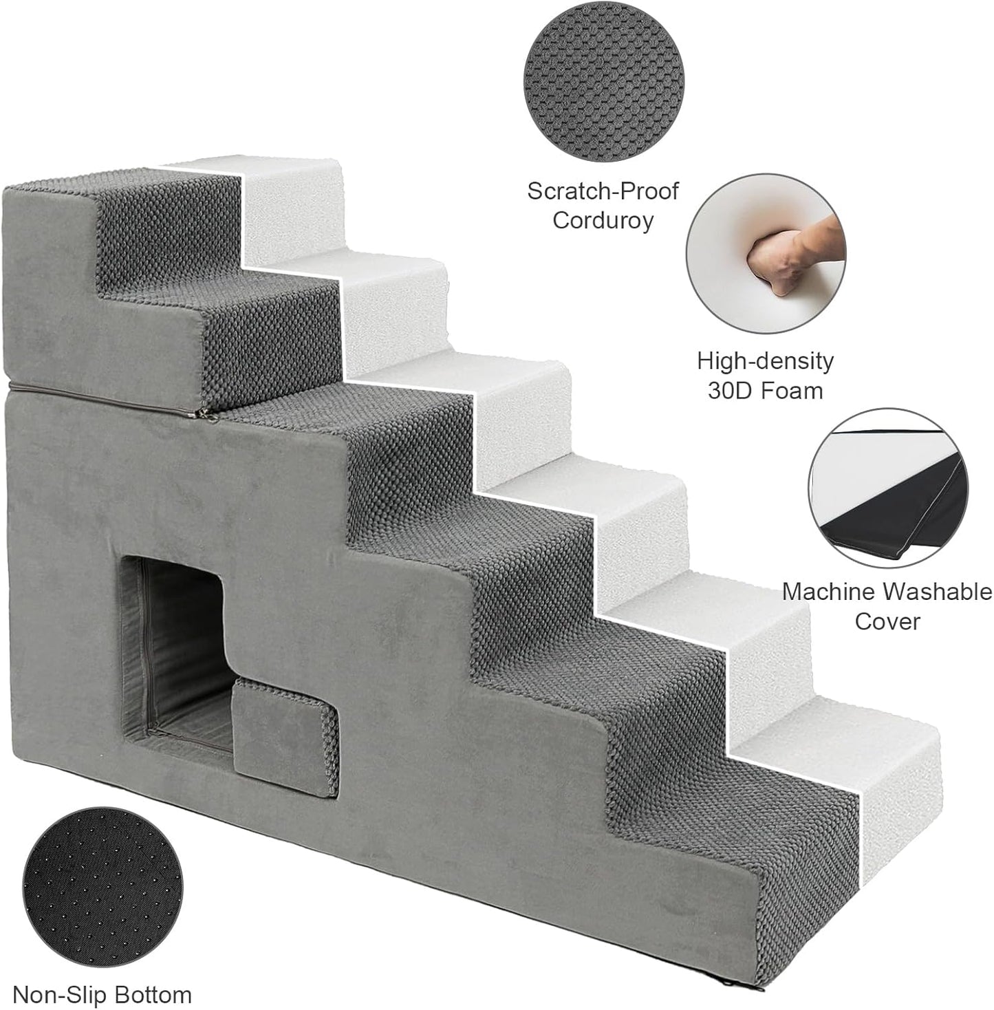 Dog Stairs for Small Dogs 27”H, 6-Step Dog Steps for High Bed, High-Density Foam Pet Stairs with Non-Slip Removable Washable Cover to Get on Bed