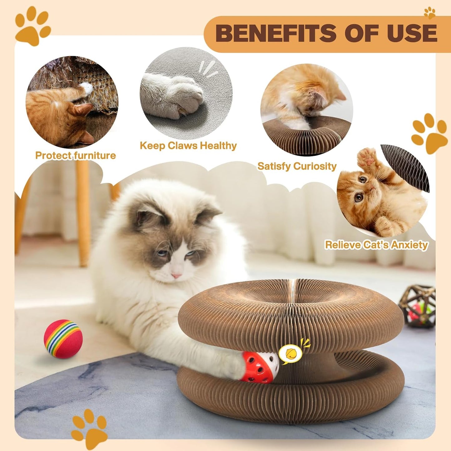 Magic Organ Cat Scratcher Board with 3 Balls, Foldable Recyclable Accordion Cats Toy with Ball and Track Adventure, Cat Scratching Pad, Retractable Reversible Furniture Protector(Brown)