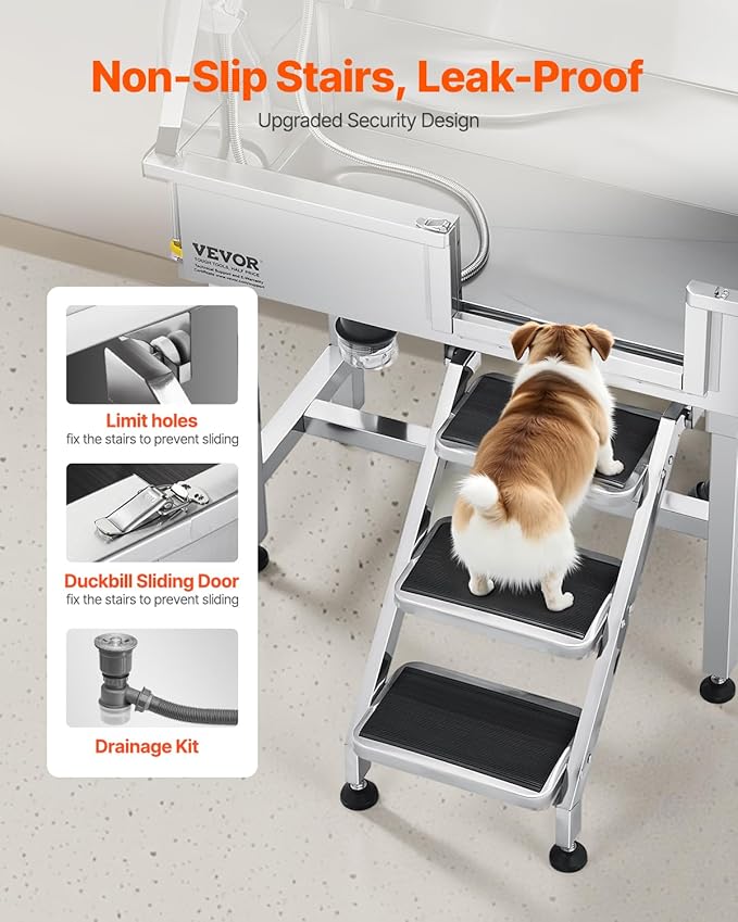 VEVOR Stainless Steel Dog Washing Station, 34 inch Pet Grooming Tub w/Storage Stairs, Faucet & Showerhead & Soap Holder Dog Bathtub, Pet Wash Station for Small Pets (Right Door)