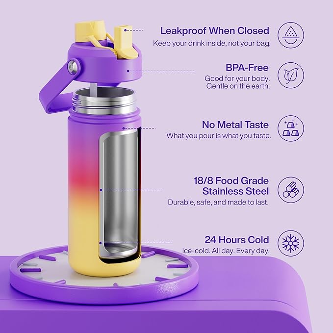 Insulated Water Bottle with Straw Stainless Steel Water Bottle, Leak-Proof, BPA-Free, Double Wall Vacuum Keeps Cold for 24 Hours for Sports, Travel, School (18 oz, Peach Dream)