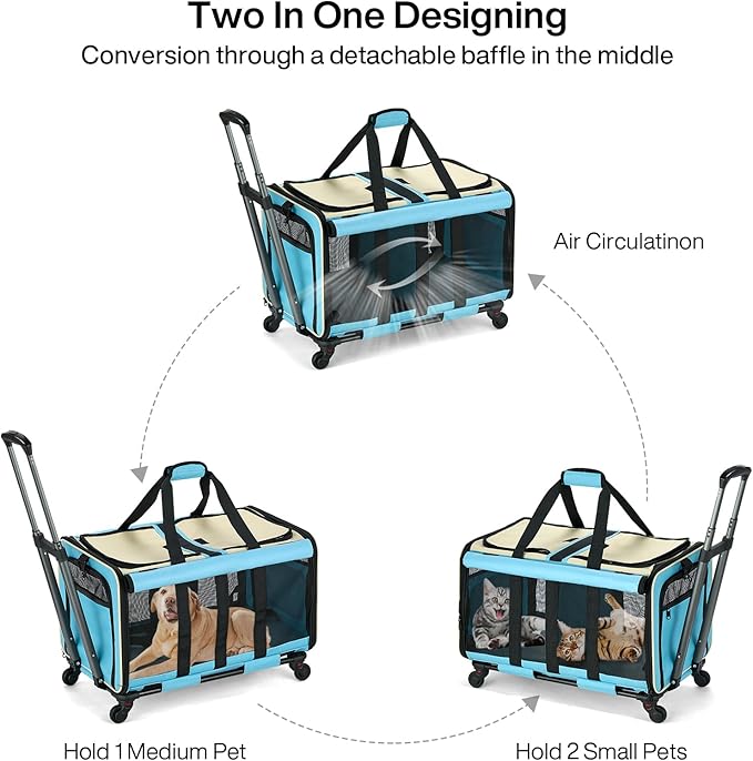 MILADA Large Cat Carrier for 2 Cats, Soft Big Pet Carrier with Wheels, Double Cat Carrier on Wheels, Rolling Pet Carrier for Travel Hiking Shopping and Camping（Not for Air Travel）, Blue