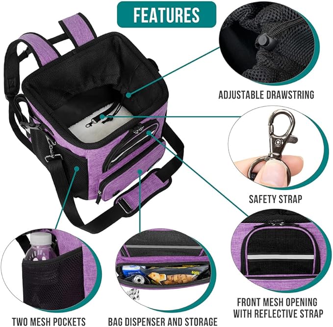 PetAmi Dog Bike Basket, Soft-Sided Ventilated Dog Bike Carrier Backpack, Pet Bicycle Basket for Bike Handlebar, Small Medium Puppy Cat Kitten Car Booster Seat with Safety Strap, Max 18 lbs, Purple