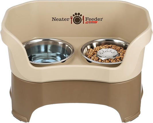 Neater Feeder Deluxe Mess Proof Dog Bowls Elevated for Large Breeds – Made in USA – No Spill Raised Slow Feeder Elevated Dog Bowl Stand, Stainless Steel Food and Water Bowl Set, Cappuccino