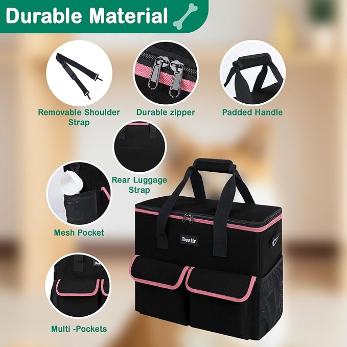 Large Pet Travel Bag Organizer - Dog & Cat Tote with Food Containers, Bowls, Feeding Mat, Perfect for Camping, Hiking (Multi-Pocket Design)