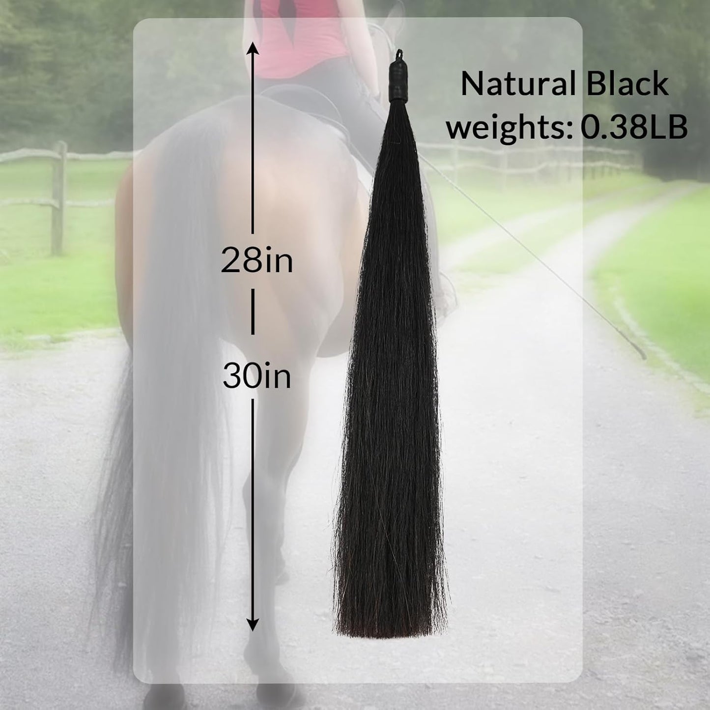 Horse Tail Extension with Braided Horsehair Loop, Blunt Cut Bottom, 3/8 lb, 28-30 inches (Natural Black)