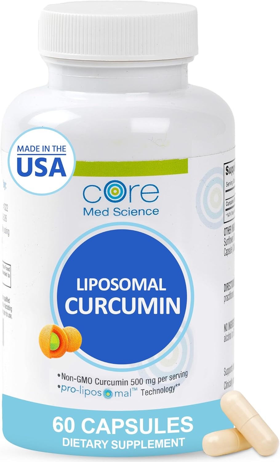 Core Med Science Liposomal Curcumin Capsules, 500mg - Pure Turmeric Extract Supplement - High Absorption Joint & Heart Health Support for Adults - Promotes Cognitive & Brain Health, Non-GMO (60 Count)