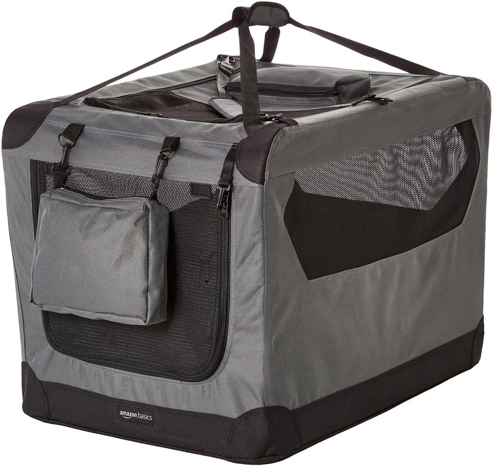 Amazon Basics Folding Portable Soft Pet Dog Crate Carrier Kennel, 30 x 21 x 21 inches, Grey