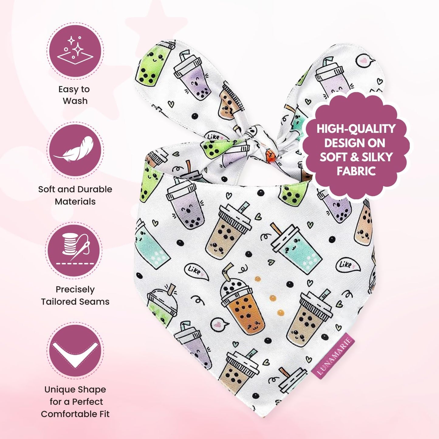 LunaMarie - Luxury Pet Birthday Bandanas -Premium & Silky Poly Fabric | 100% Handmade | Custom Shape Dual Layered (Boba, Large)