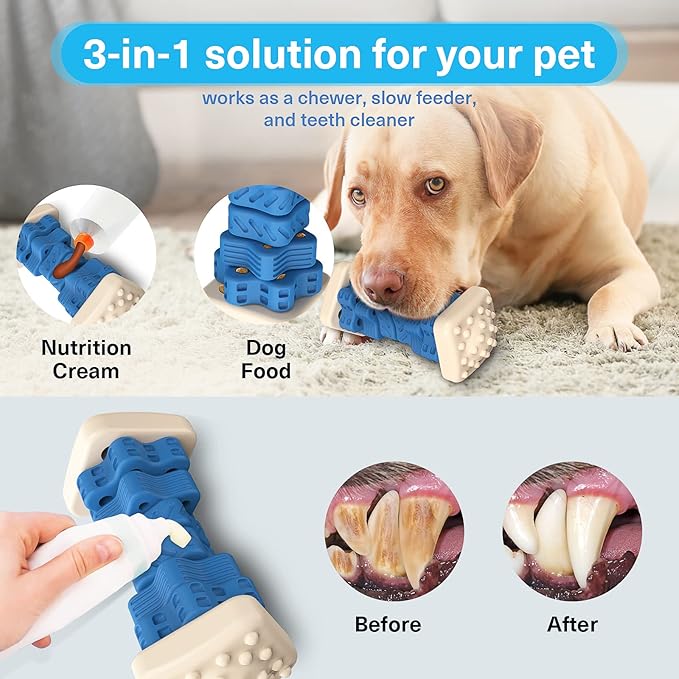 PCEoTllar Indestructible Dog Chew Toys, Aggressive Chewer Safe Rubber Puzzle Toys with Beef Flavor - Blue, Medium to Large Dogs
