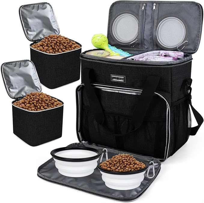 BAGLHER Dog Travel Bag, Pet Travel Bag (All Pet Travel Supplies), with 2 Pet Food Containers and 2 Collapsible Silicone Bowls; Essential Kits for Pet Travel Black