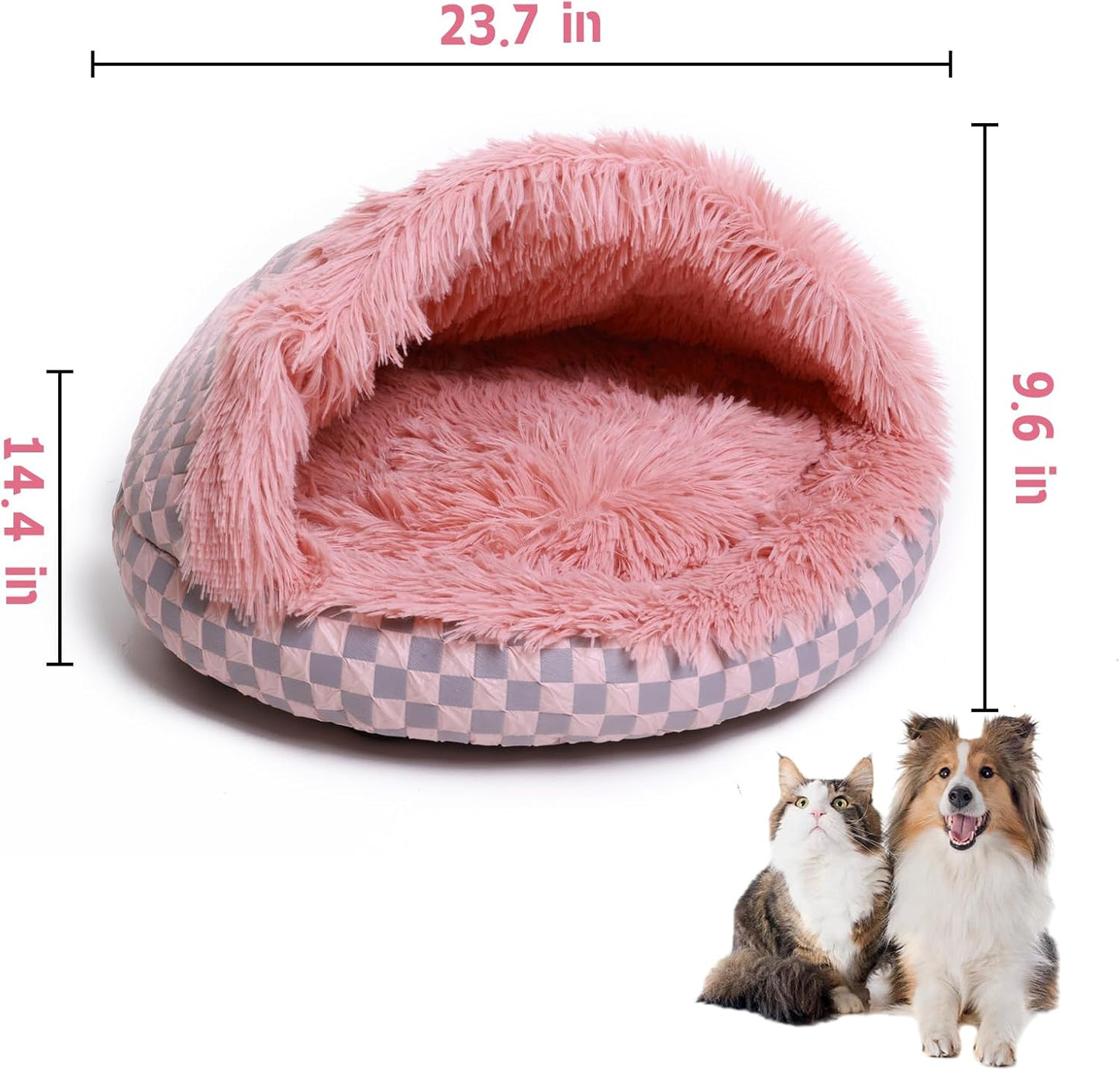 Cat Bed Hooded Plush Nest with Self-Warming Cozy Cave, Calming Anti-Anxiety Pet Bed for Indoor Cats & Small Dogs, Removable Washable Cover & Waterproof Bottom - Pink