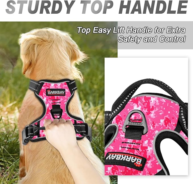 BARKBAY No Pull Dog Harness Front Clip Heavy Duty Reflective Easy Control Handle for Large Dog Walking(Pink camo,L)