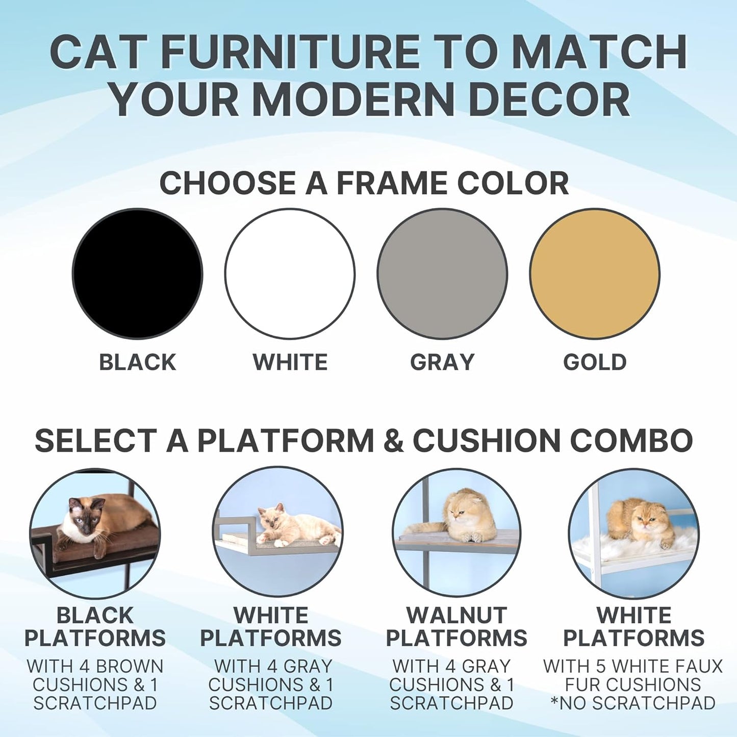 THE REFINED FELINE 62 Inch Tall Metropolitan Cat Condo, Gold Metal Frame Cat Tower, Multi-Level Modern Cat Tree for Indoor Cats, White Platforms with Faux Fur Replaceable Cushions