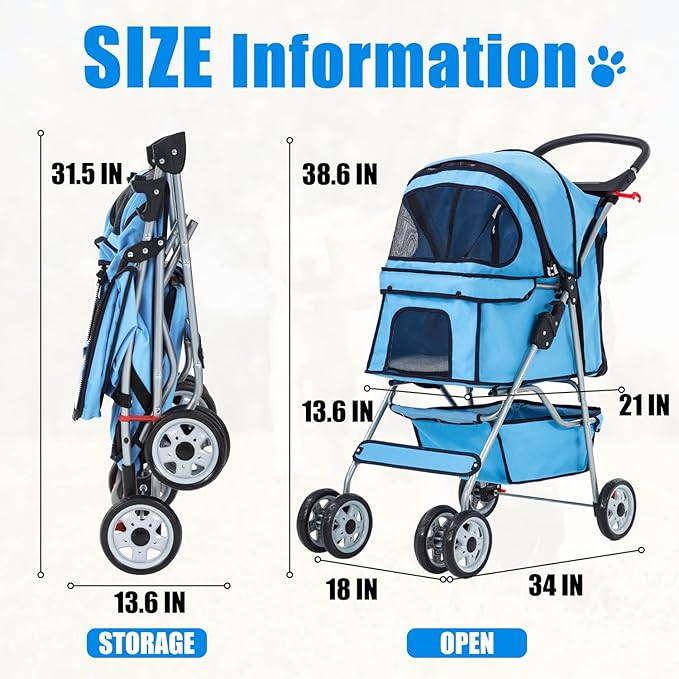 Dog Stroller, Folding 4 Wheels Pet Stroller for Small Medium Dog Cat Travel Carrier with Weather Cover Storage Basket Cup Holders Blue