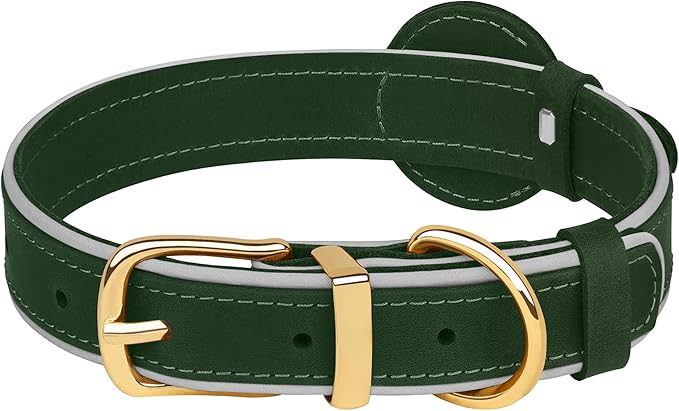 OOPSDOGGY Reflective Geniune Leather Airtag Dog Collar Soft Padded Collars for Small Medium Large Breed Dogs Puppy, 4 Sizes, 7 Colors (Green, Large, 15"-19")