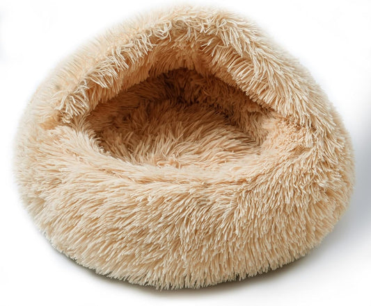 Cat Bed for Indoor Cats, Calming Cozy Cave with Self-Warming Plush, Entire Bed Machine Washable & Anti-Slip Base, Breathable Pet Bed for Small Cats&Dogs All Seasons (Apricot Color, 20 * 20inch)