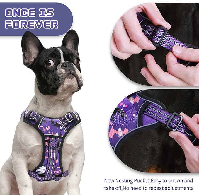No Pull Dog Harness for Large Dogs, Adjustable No Choke Pet Vest with Dog Leash Fit Smart Reflective Pet Walking Harness for Training Easy Control Soft Handle Purple Camo XL