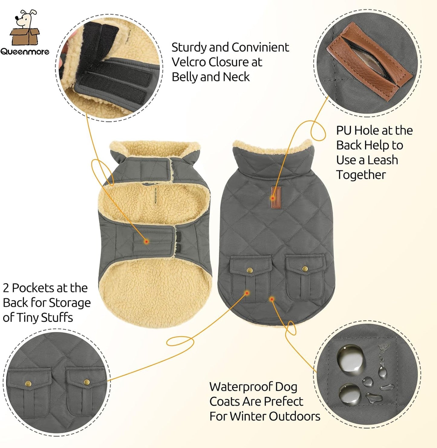 Queenmore Dog Winter Coat - Fleece Jacket, Waterproof Cold Weather Clothes, Thick Warm Cotton Padding, Easy On Storage Pockets (Grey, X-Large)