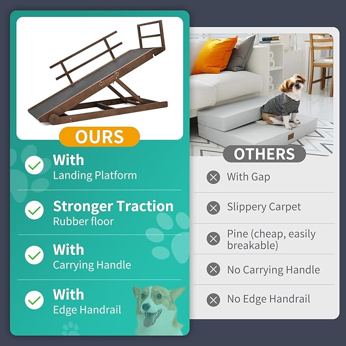 Dog Ramp, 5 Level Adjustable Wooden Folding Pet Ramp for Middle Bed, Couch,SUV-High Traction, Portable Paw Ramps for Small & Large Old Dogs & Cats - Furniture Quality