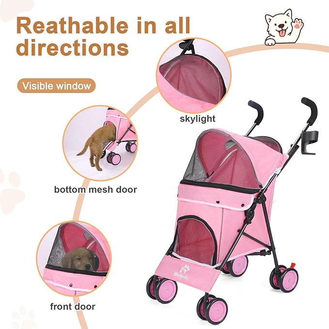 Umbrella Dog Stroller, 4 Wheels Pet Strolling, Foldable Carrier Pet Stroller for Small Dogs Cats, with Carrying Strap and Cup Holder, Dog Poop Bags & Dispenser, Up to 33 lbs, Pink