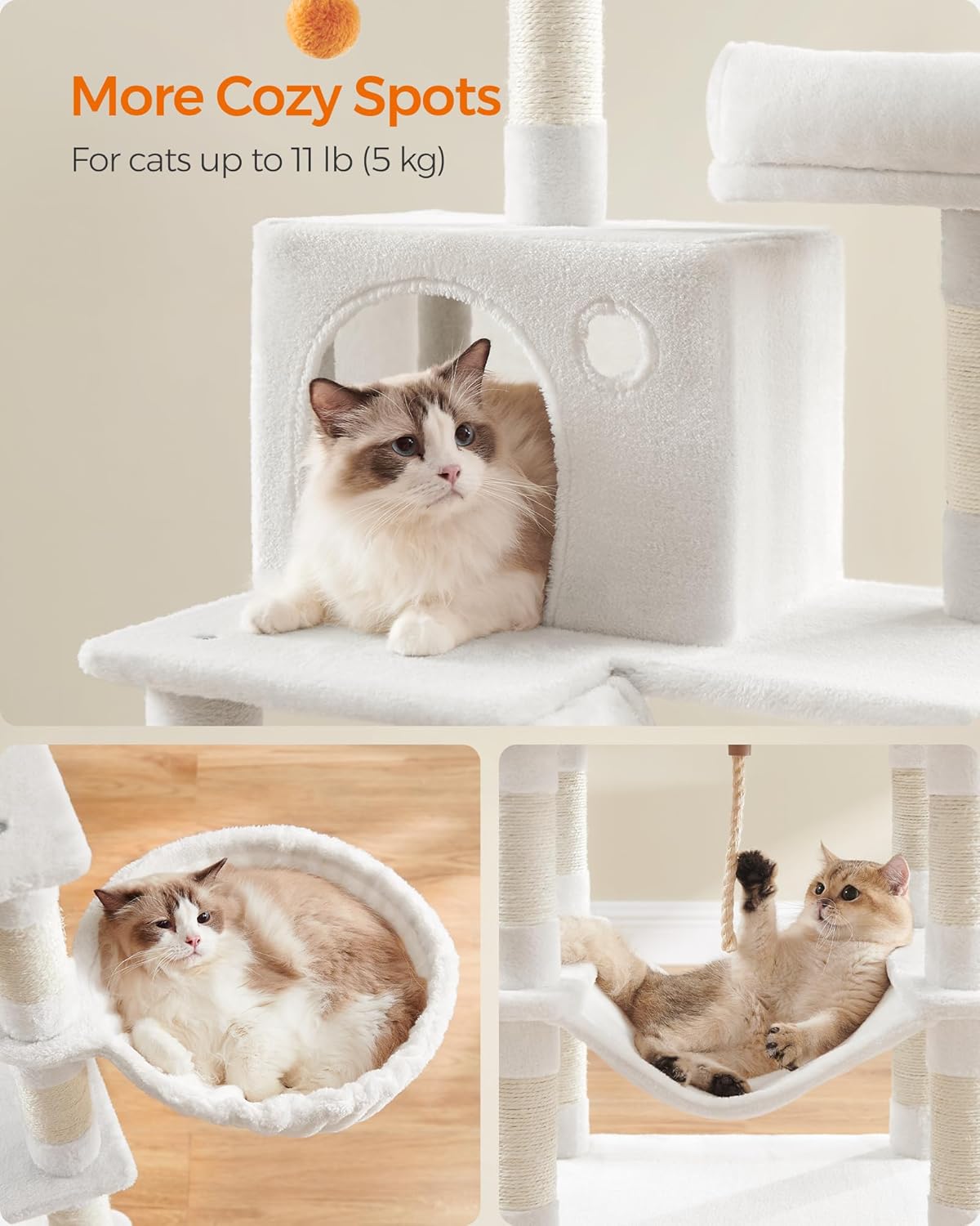 Feandrea Cat Tree, 66.1-Inch Large Cat Tower with 13 Scratching Posts, 2 Perches, 2 Caves, Basket, Hammock, Pompoms, Multi-Level Plush Cat Condo for Indoor Cats, Cream White UPCT165T01