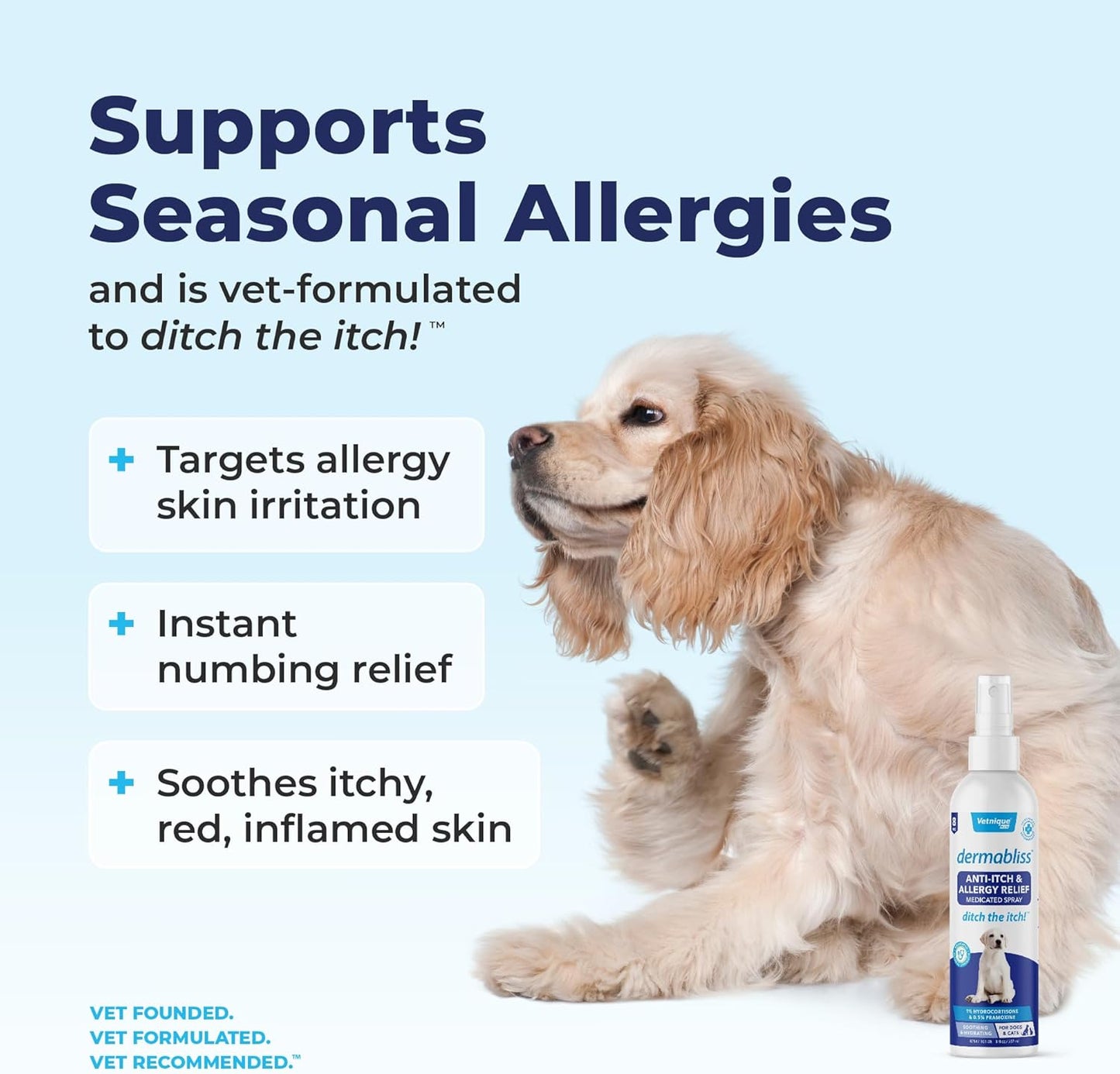 Vetnique Dermabliss Anti Itch Spray for Dogs & Cats with Hydrocortisone for Allergies and Immediate Dog Itching Skin Relief - Fragrance Free with Soothing Oat Extract (8oz)