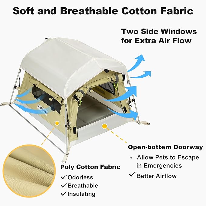 Dog Tent Cotton Fabric, Aluminum Poles and Camping Mat, Outdoor Weatherproof, Dog House Outdoor, Breathable with 2 Side Windows, Portable and Collapsible (Green, Small)