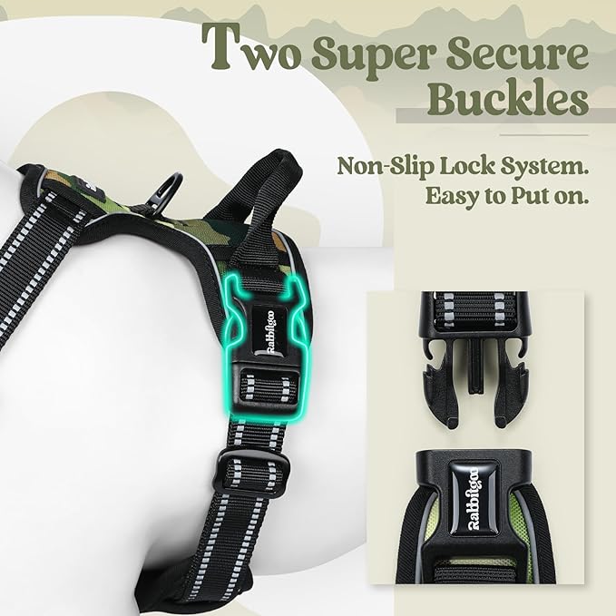 rabbitgoo Dog Harness No Pull with 2 Leash Clips, Adjustable Soft Padded, Reflective Oxford No Choke Pet Vest with Easy Control Handle for Large Dogs, Green Mountain,L