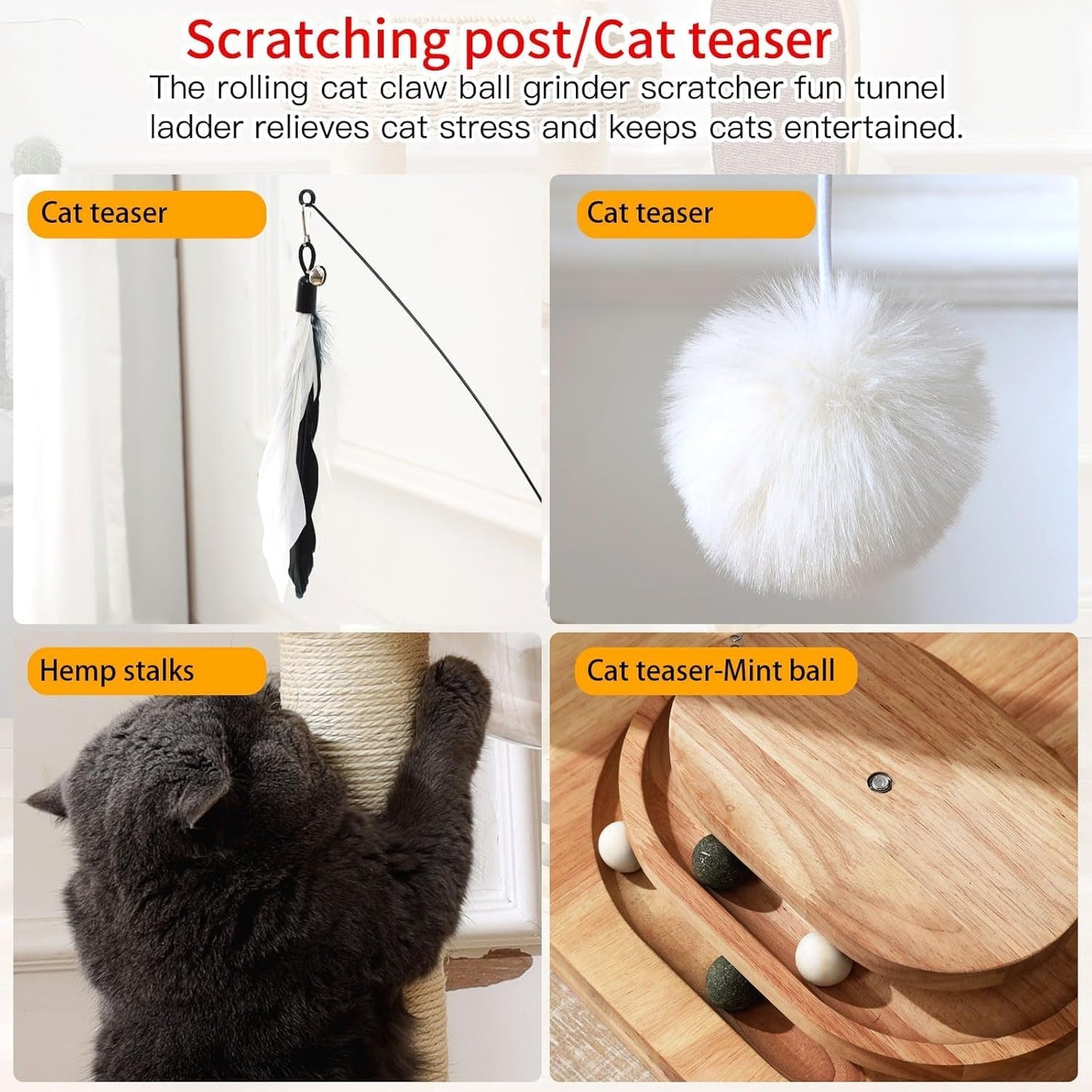 34 Inch Solid Wood Cat Tree Tower with Space Capsule, Hand-Woven Basket Nest, Feather Toy, Hanging Balls, Sisal Posts, 4-Tier Indoor Climbing Cat Tower for Kittens