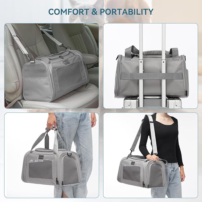 PETSFIT Cat Carrier Airline Approved, Soft Carrier for Small and Medium Cats Under 12 Lbs, Soft Cat Travel Bag, Kitten Carrier with Extendable Mat, Grey