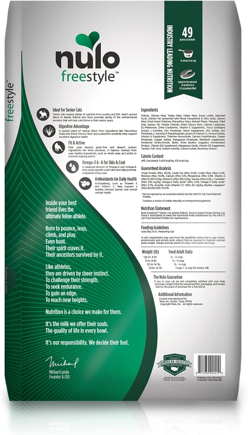 Nulo FreeStyle High Protein Senior Cat Food, Alaska Pollock & Sweet Potato Recipe - Natural Grain-Free Dry Cat Food for Seniors with L-carnitine, Omega Fatty Acids, & Probiotics, 4 lb Bag