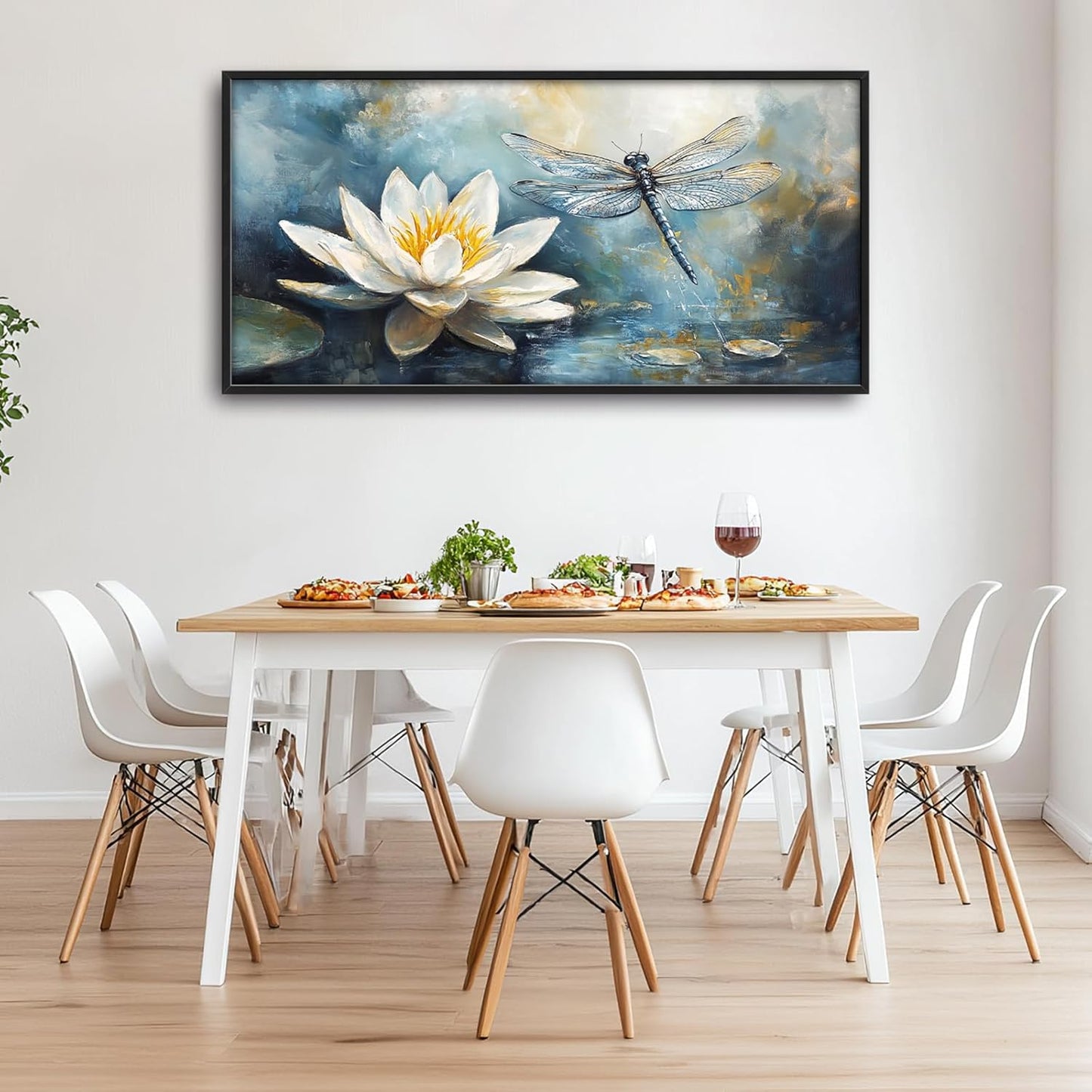 Extra Large Lotus Dragonfly Framed Wall Art for Living Room,Abstract Blue Lotus Flower Lake Pictures Wall Decor,Nature Canvas Print Painting Modern Artwork Bedroom Office Bathroom 60L" x 30W"
