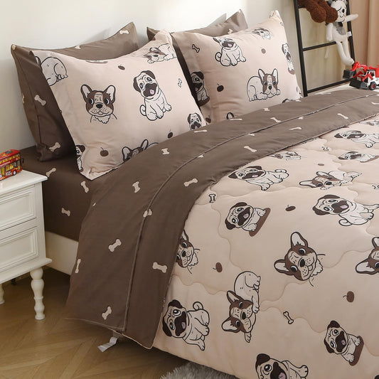 Kids Comforter Set 7 Piece Bedding Cute Dog Cartoon Animal Bed Microfiber Comforter Queen Size All Season (1 Comforter, 1 Flat Sheet, 1 Fitted Sheet, 4 Pillowcase)