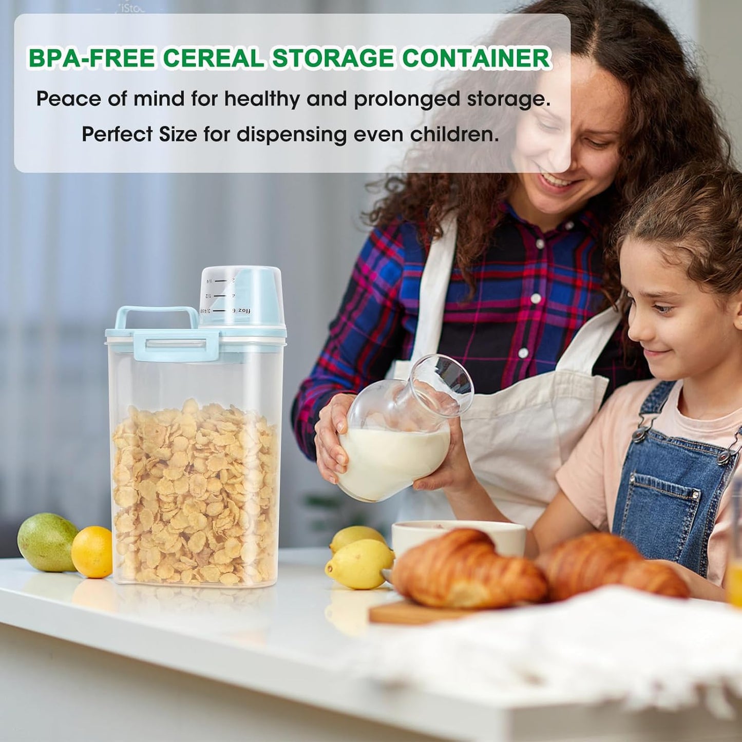 TBMax Rice Storage Container 2 Pack, Plastic Kitchen Pantry Food Storage Container with Cup, Small Pet Dog Cat Food Container Dispenser - Sky Blue