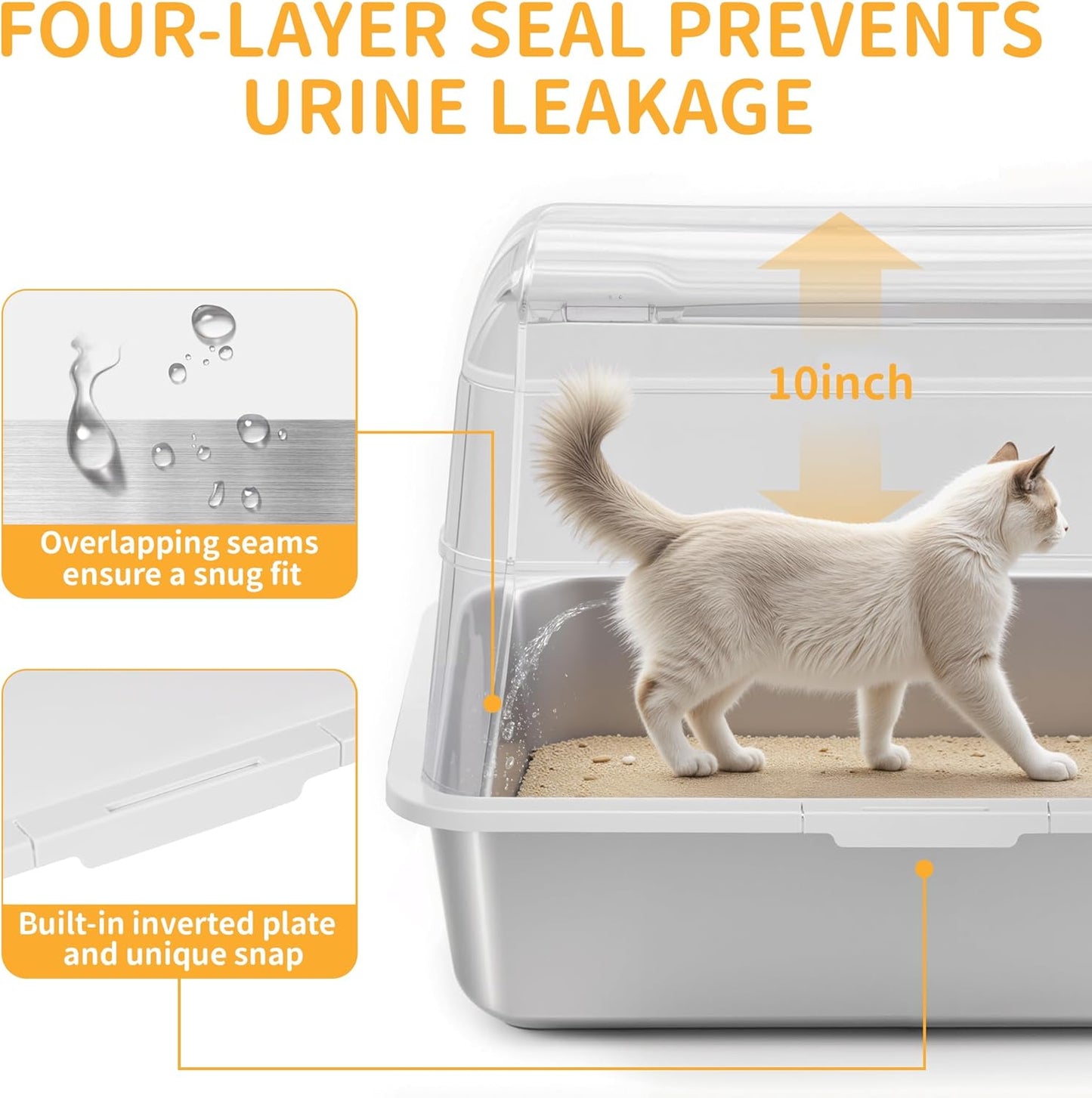 Stainless Steel Litter Box with Lid, XL Extra Large Cat Litter Box, Enclosed Metal Litter Pan with High Sided Enclosure & Scoop, Anti Leakage, Easy to Clean, Odor Control (White)